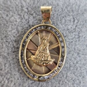 Medal Our Lady the Miraculous Large Solid 10K Mexican Tricolor Pendant Charm CZ
